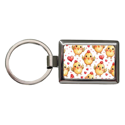 Cute Chickens Hearts Watercolor Rectangle Metal Keychain