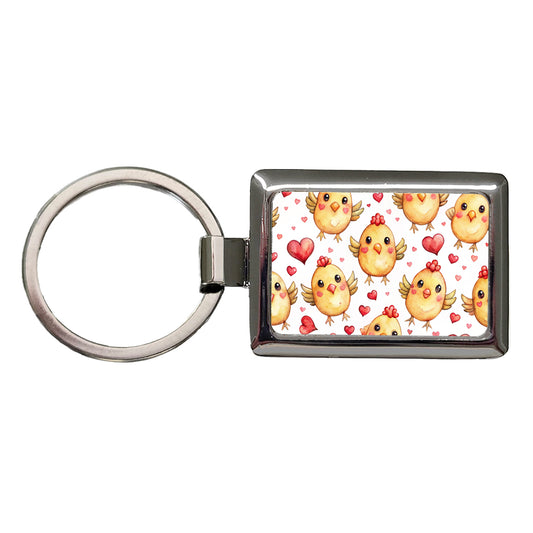 Cute Chickens Hearts Watercolor Rectangle Metal Keychain