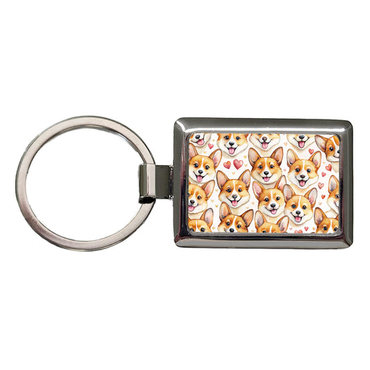 Cute Corgi Dog Faces Hearts Rectangle Metal Keychain