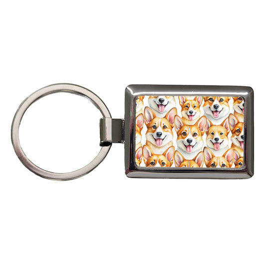 Cute Corgi Dog Faces Watercolor Rectangle Metal Keychain