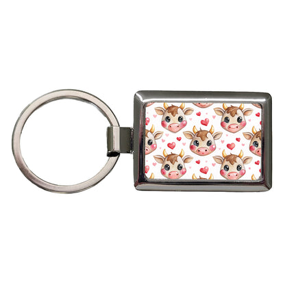 Cute Cow Faces Hearts Watercolor Rectangle Metal Keychain