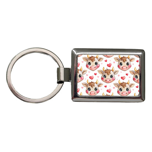 Cute Cow Faces Hearts Watercolor Rectangle Metal Keychain
