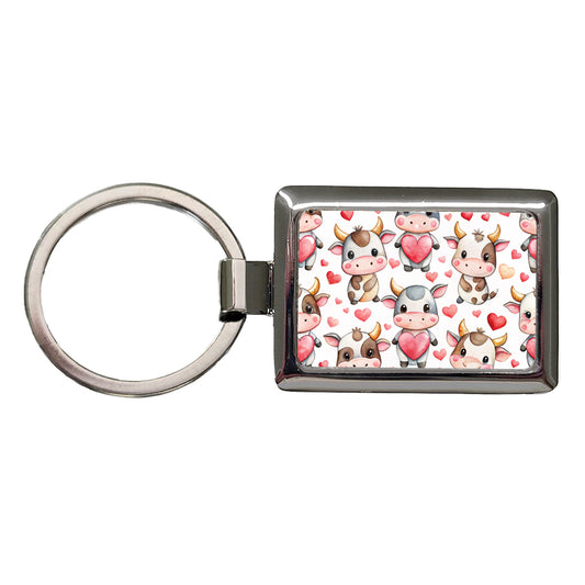 Cute Cows Hearts Watercolor Rectangle Metal Keychain