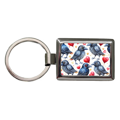 Cute Crows Hearts Watercolor Rectangle Metal Keychain