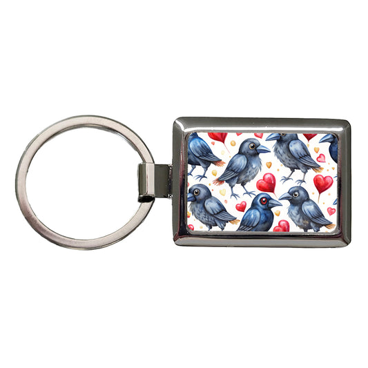 Cute Crows Hearts Watercolor Rectangle Metal Keychain