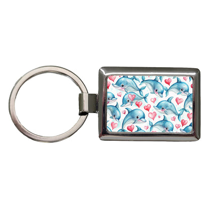 Cute Dolphin Faces Hearts Rectangle Metal Keychain