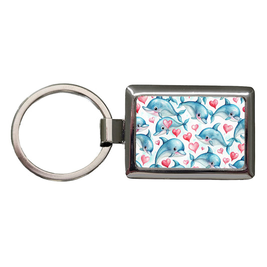 Cute Dolphin Faces Hearts Rectangle Metal Keychain