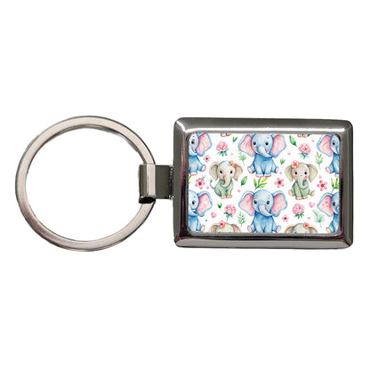 Cute Elephants Hearts Watercolor Rectangle Metal Keychain