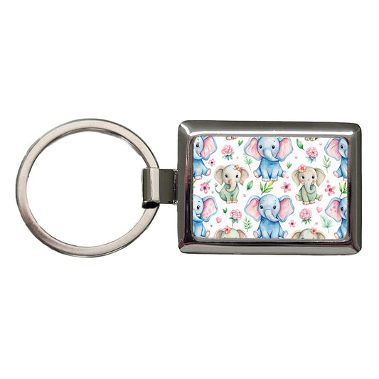 Cute Elephants Hearts Watercolor Rectangle Metal Keychain