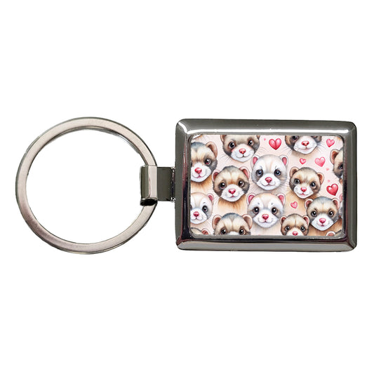 Cute Ferret Faces Hearts Watercolor Rectangle Metal Keychain