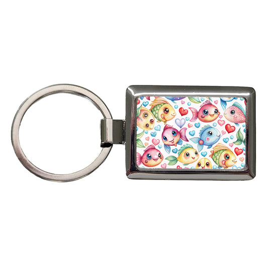 Cute Fish Faces Hearts Watercolor Rectangle Metal Keychain