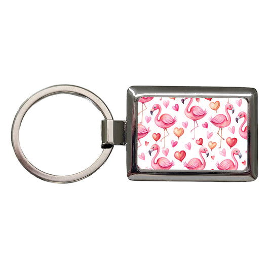 Cute Flamingos Hearts Watercolor Rectangle Metal Keychain