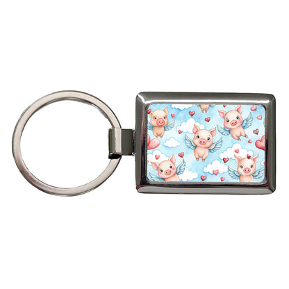 Cute Flying Pigs Hearts Watercolor Rectangle Metal Keychain