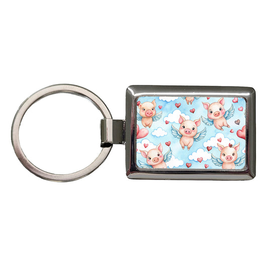 Cute Flying Pigs Hearts Watercolor Rectangle Metal Keychain