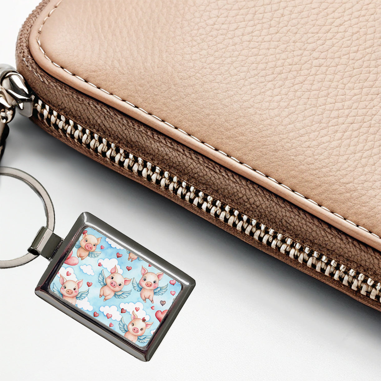 Cute Flying Pigs Hearts Watercolor Rectangle Metal Keychain