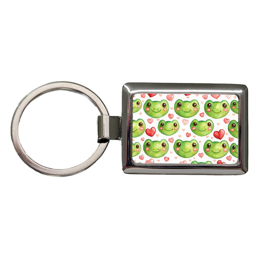Cute Frog Faces Hearts Watercolor Rectangle Metal Keychain