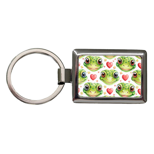 Cute Gecko Faces Hearts Watercolor Rectangle Metal Keychain