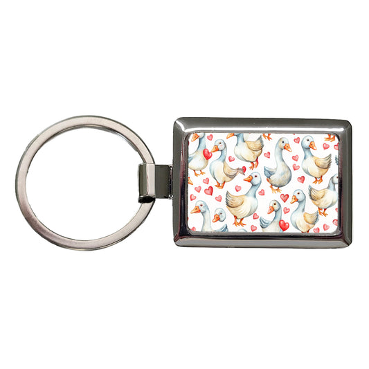 Cute Geese Hearts Watercolor Rectangle Metal Keychain
