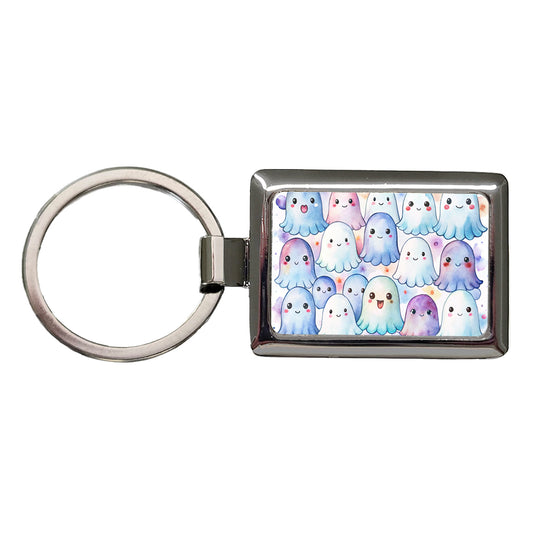 Cute Ghosts Watercolor Rectangle Metal Keychain