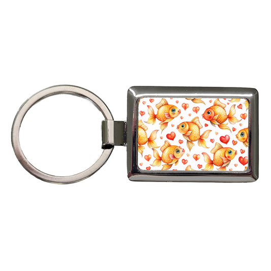 Cute Gold Fish Hearts Watercolor Rectangle Metal Keychain