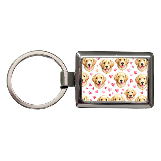 Cute Golden Retriever Dog Faces Hearts Rectangle Metal Keychain