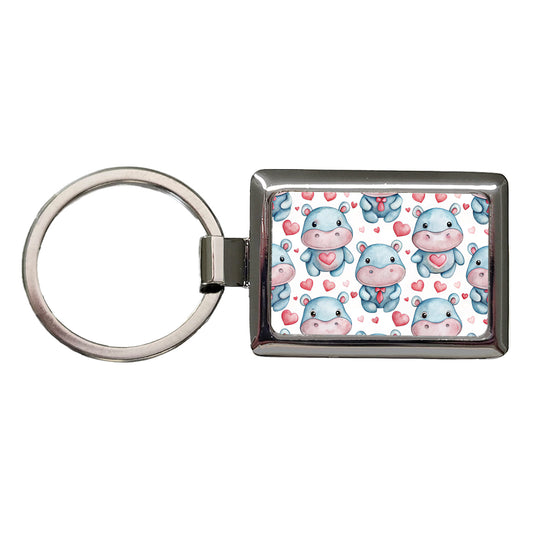 Cute Hippopotamus Hearts Watercolor Rectangle Metal Keychain