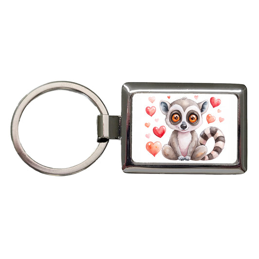 Cute Lemur Hearts Watercolor Rectangle Metal Keychain