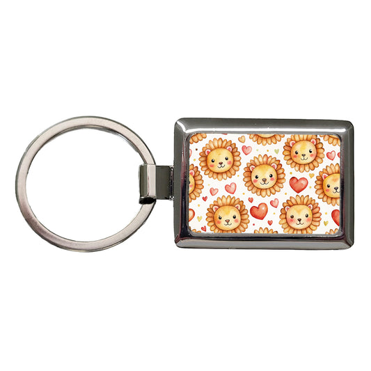 Cute Lion Faces Hearts Watercolor Rectangle Metal Keychain