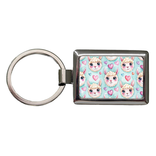 Cute Llama Faces Hearts Watercolor Rectangle Metal Keychain