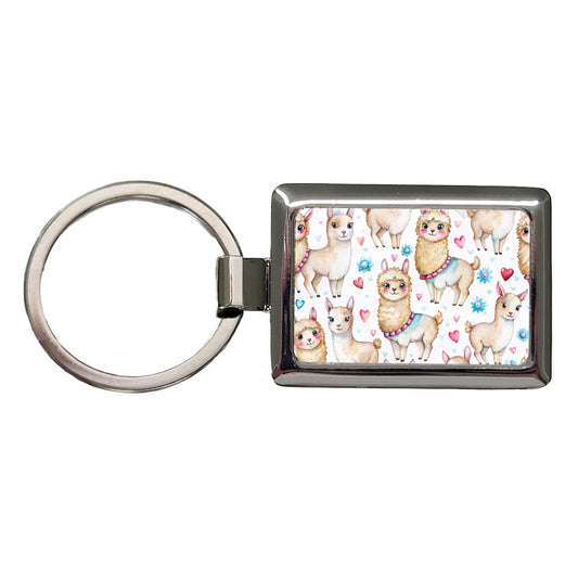 Cute Llamas Hearts Watercolor Rectangle Metal Keychain