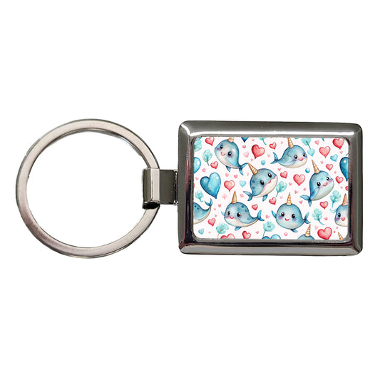 Cute Narwhals Hearts Watercolor Rectangle Metal Keychain