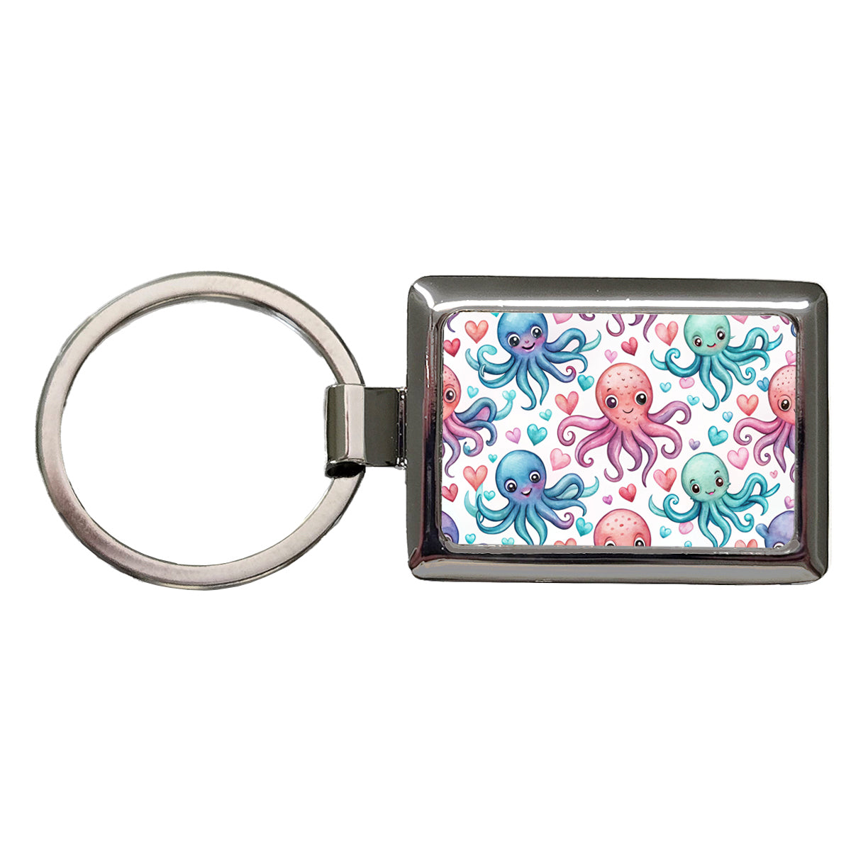 Cute Octopus Hearts Watercolor Rectangle Metal Keychain