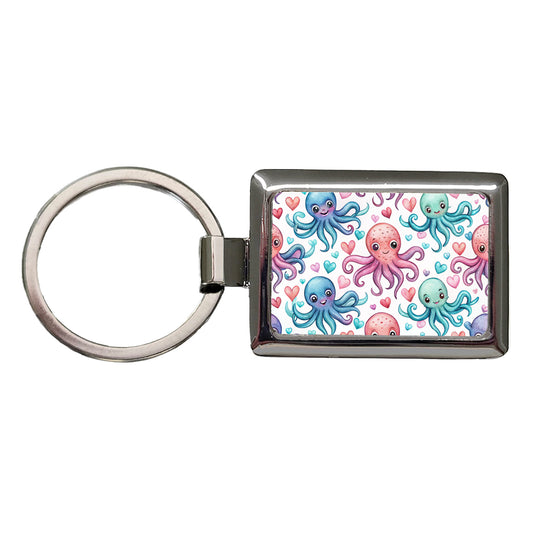 Cute Octopus Hearts Watercolor Rectangle Metal Keychain