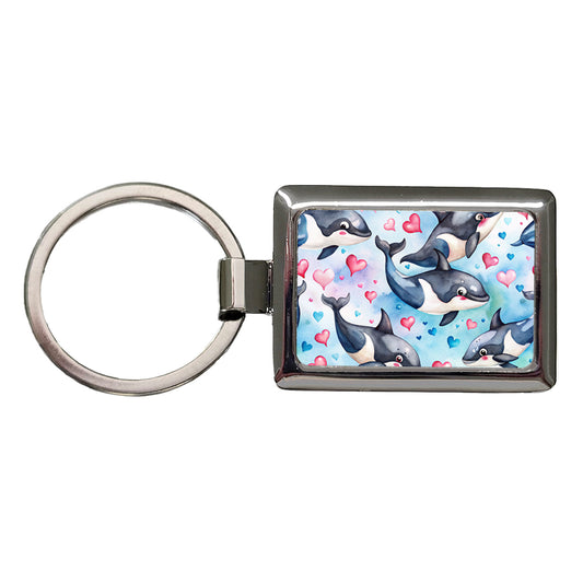 Cute Orcas Whales Hearts Watercolor Rectangle Metal Keychain