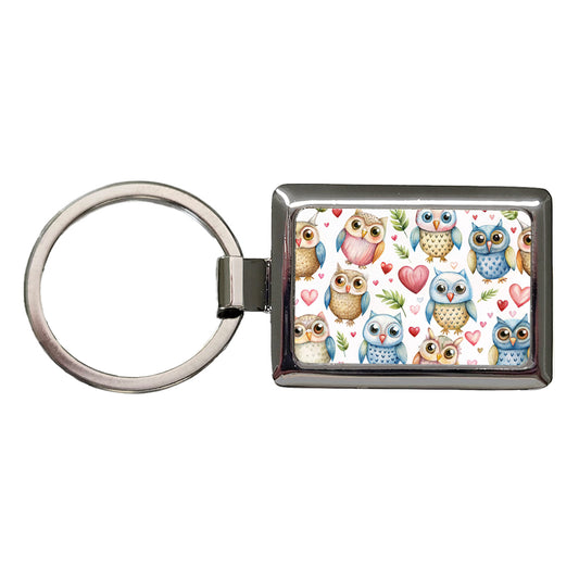Cute Owls Hearts Watercolor Rectangle Metal Keychain