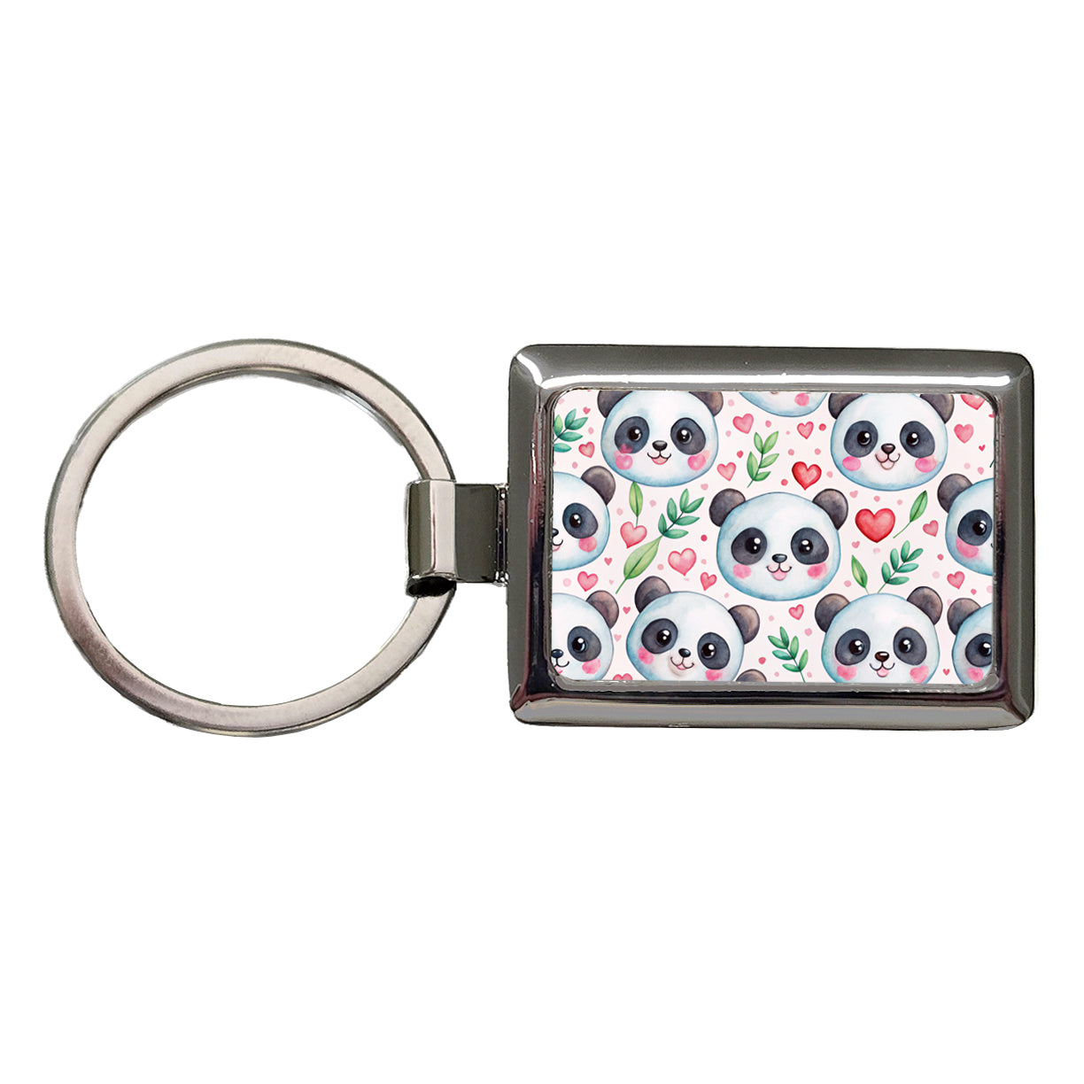 Cute Panda Faces Hearts Watercolor Rectangle Metal Keychain