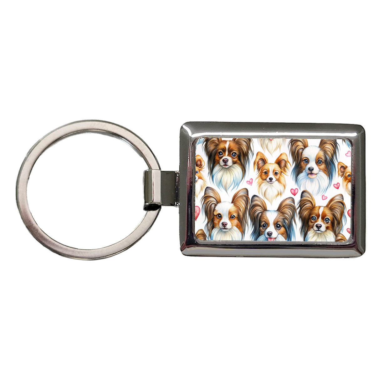 Cute Papillion Dog Faces Hearts Rectangle Metal Keychain
