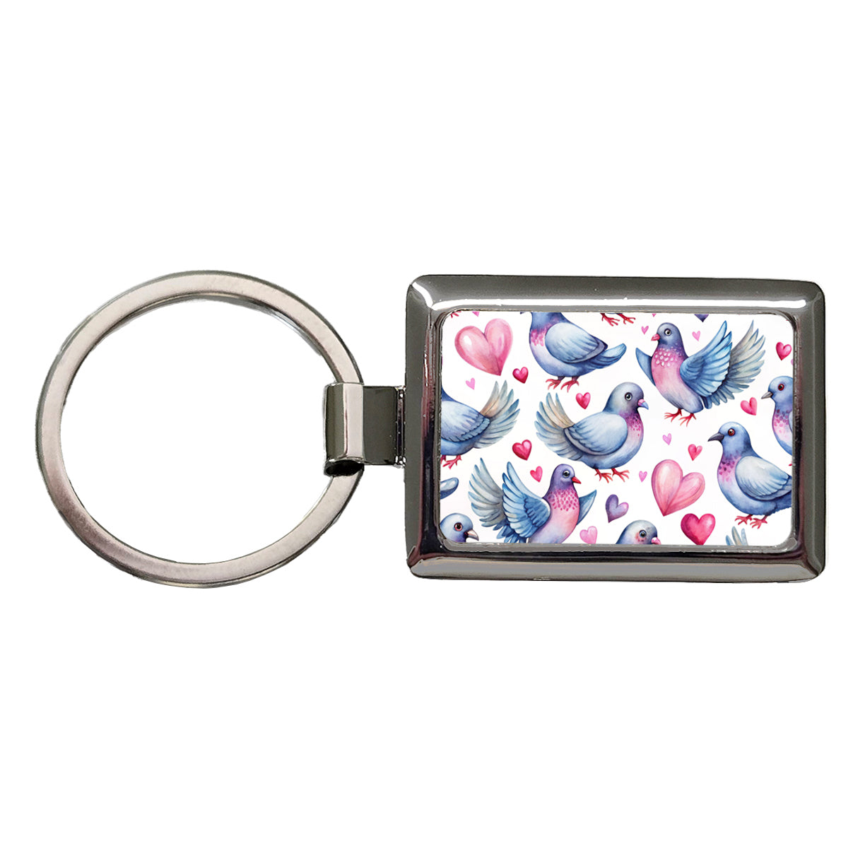 Cute Pigeons Hearts Watercolor Rectangle Metal Keychain