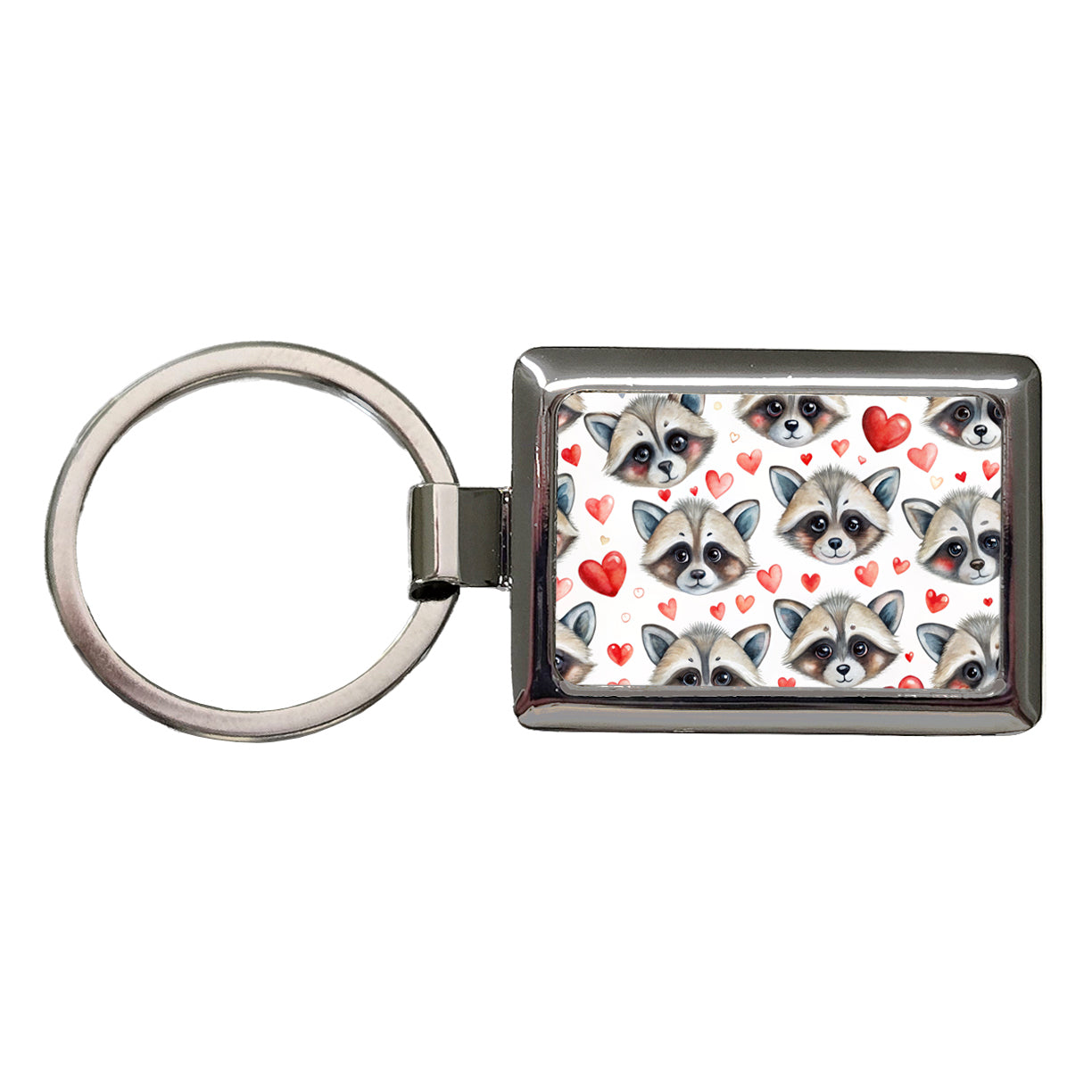 Cute Raccoon Faces Hearts Rectangle Metal Keychain