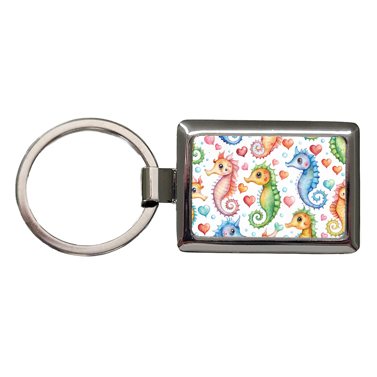 Cute Seahorses Hearts Watercolor Rectangle Metal Keychain
