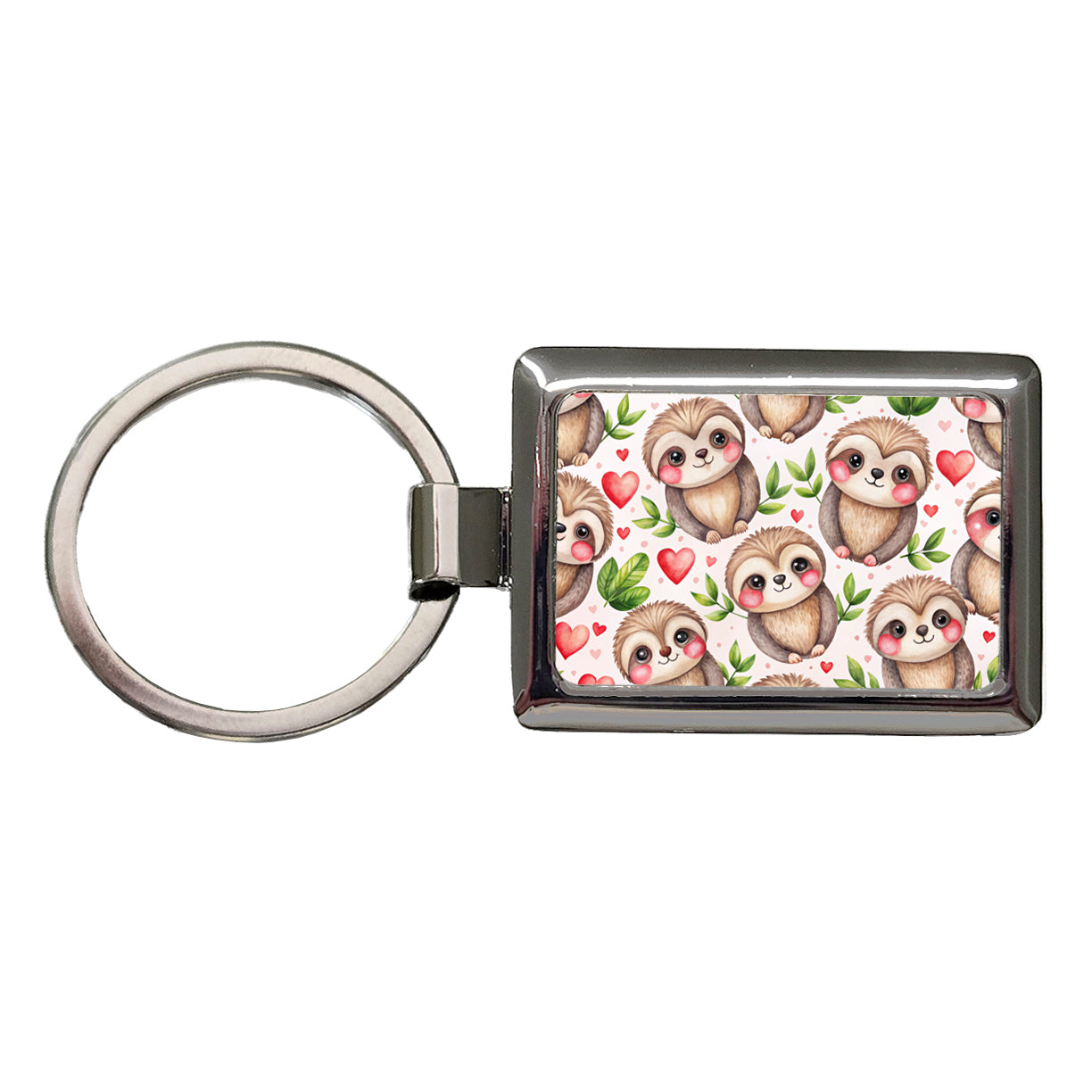 Cute Sloths Hearts Watercolor Rectangle Metal Keychain