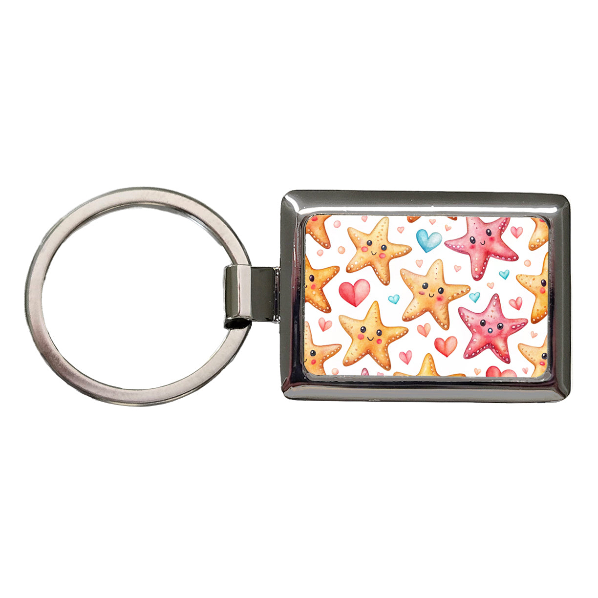Cute Starfish Hearts Watercolor Rectangle Metal Keychain