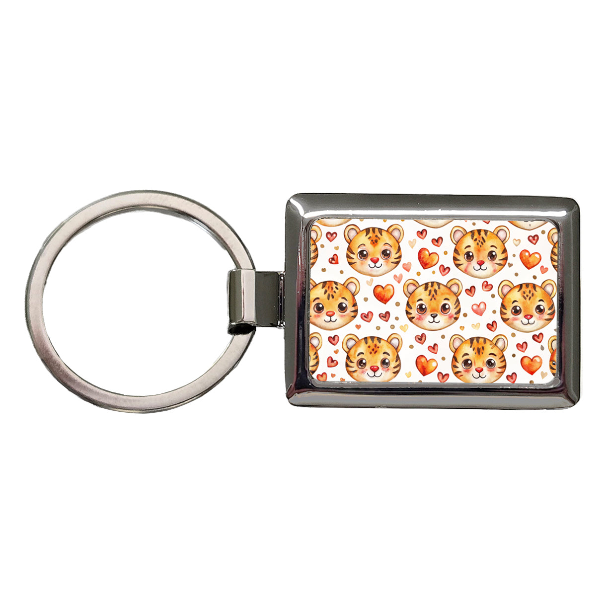Cute Tiger Faces Hearts Watercolor Rectangle Metal Keychain