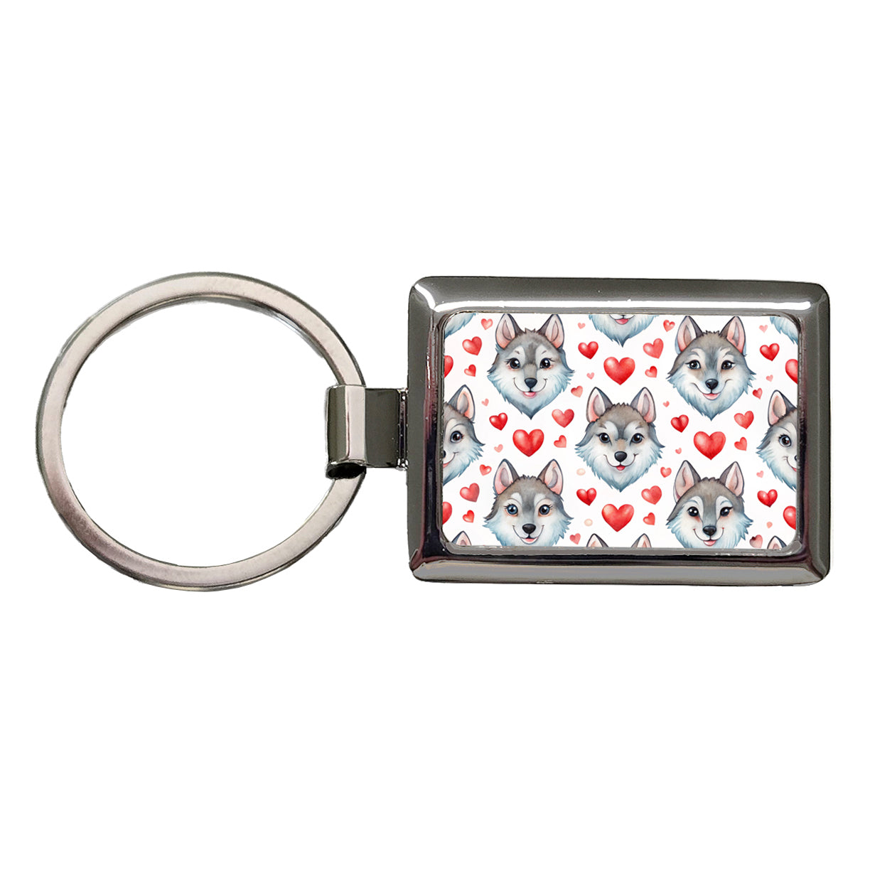 Cute Wolf Faces Hearts Watercolor Rectangle Metal Keychain