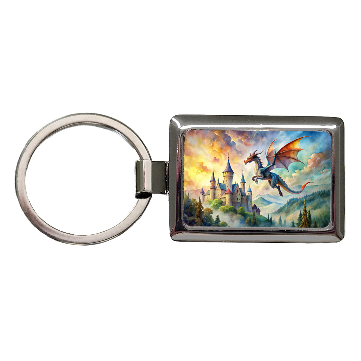 Dragon Flying Over Castle Watercolor Fantasy Rectangle Metal Keychain