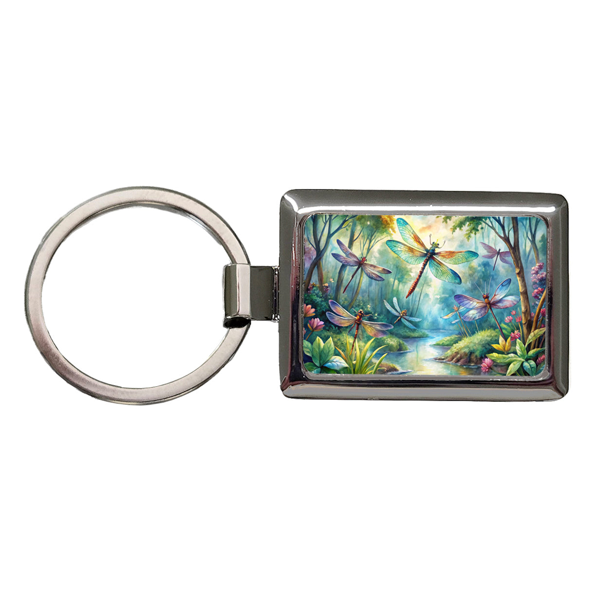 Dragonflies Forest Fantasy Watercolor Design Rectangle Metal Keychain
