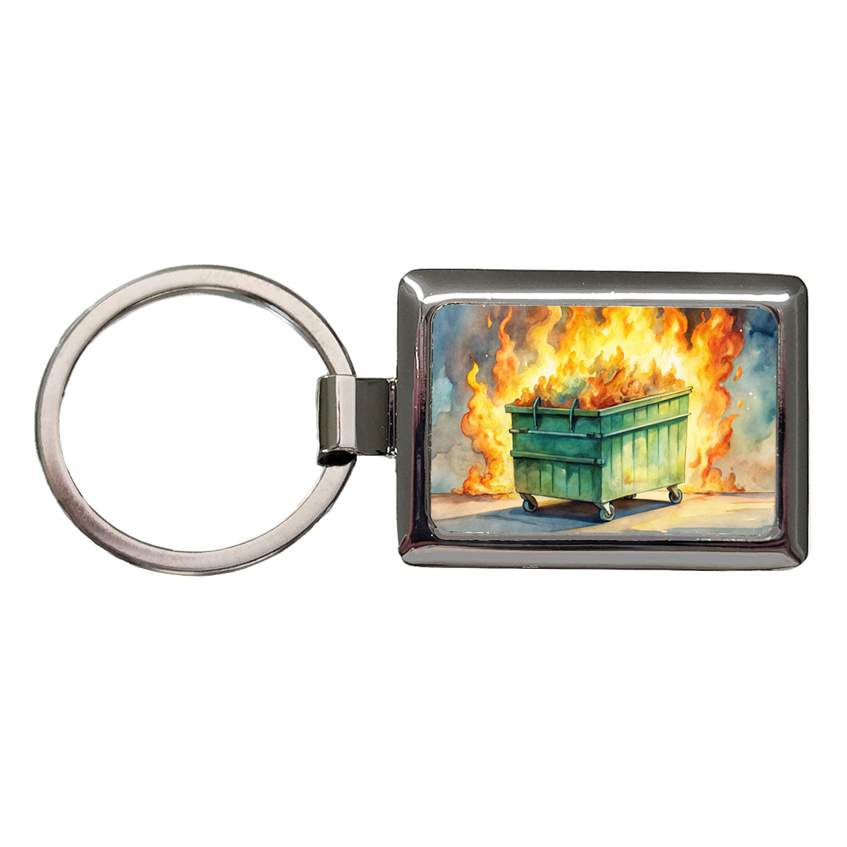 Dumpster Fire Watercolor Trash Rectangle Metal Keychain