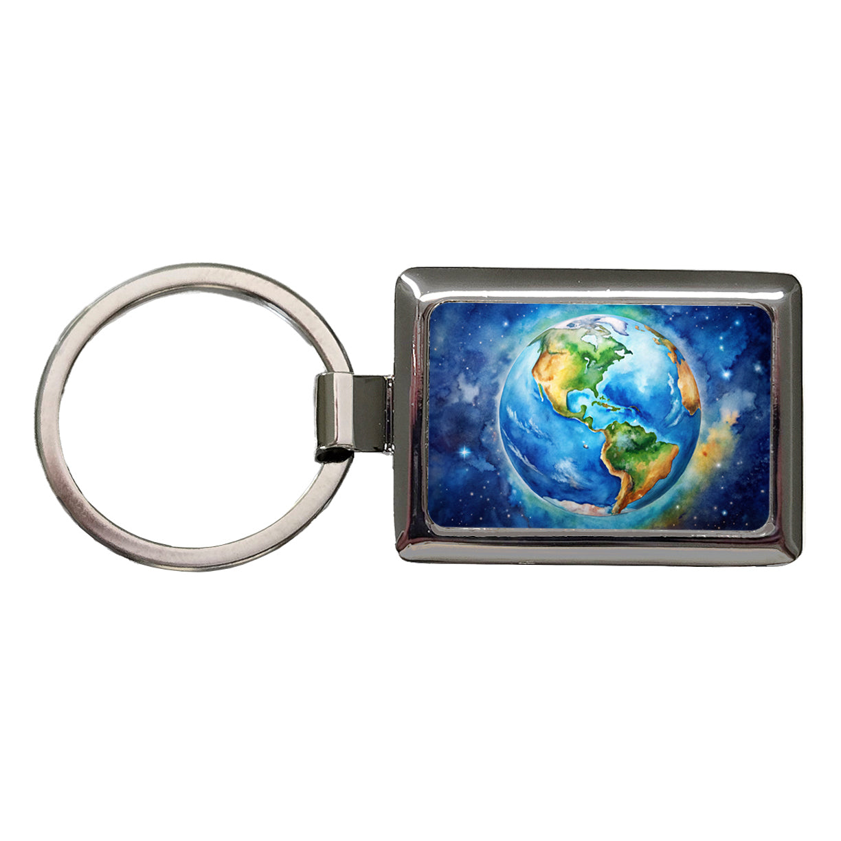 Earth North South America From Space Watercolor Rectangle Metal Keychain