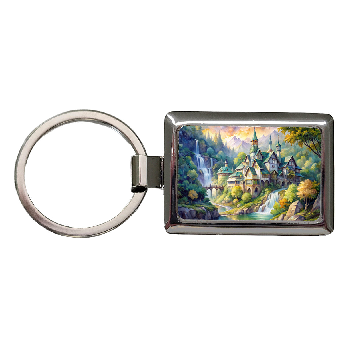 Elvish Elven Castle Fantasy Beautiful Watercolor Rectangle Metal Keychain