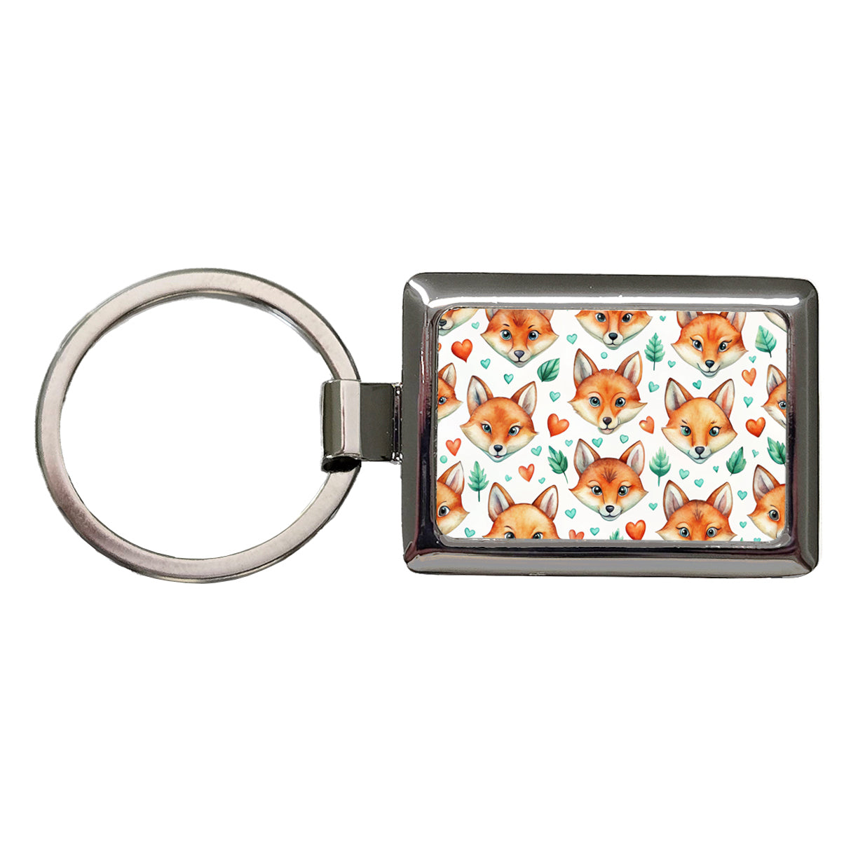 Fox Faces Hearts Watercolor Rectangle Metal Keychain